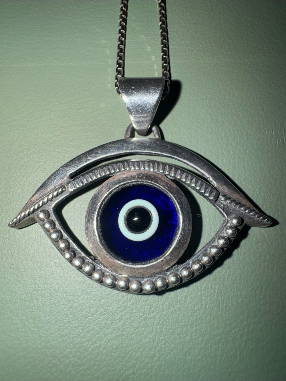 Stamped 925 Blue Evil Eye Pendant with silver 9” inch Box Chain by Metalsmiths